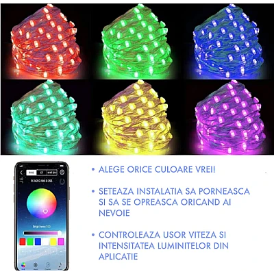 Instalatie decorativa RGB Cu Control Bluetooth Prin Aplicatie 5 metri Luminozitate Reglabila USB Multicolor Instalatie decorativa RGB Cu Control Bluetooth Prin Aplicatie 5 metri Luminozitate Reglabila USB Multicolor