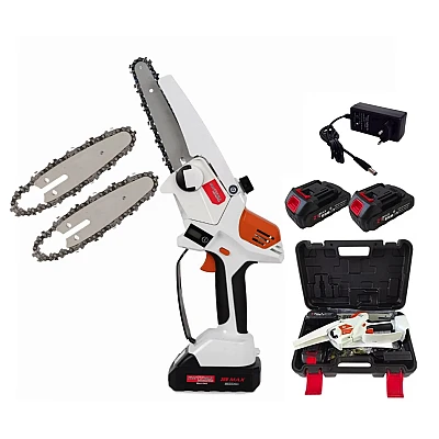 Mini fierastrau Edon MX294 Profesional 2 acumulatori 42 V 8Ah rezervor ulei sistem ungere lant lama 20 cm NEGRU CU PORTOCALIU