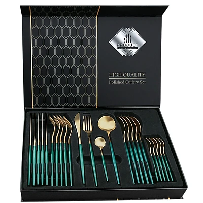 Set de 24 tacamuri elegante si rafinate cu un finisaj luxos VERDE cu AURIU Set de 24 tacamuri elegante si rafinate cu un finisaj luxos VERDE cu AURIU