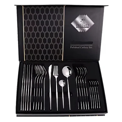 Set de 24 tacamuri elegante si rafinate cu un finisaj luxos ARGINTII Set de 24 tacamuri elegante si rafinate cu un finisaj luxos ARGINTII