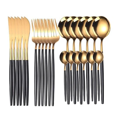 Set de 24 tacamuri elegante si rafinate cu un finisaj luxos NEGRU cu AURIU