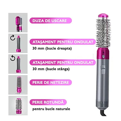 Perie de Par 5 in 1 Multifunctionala Hot Air Styler Multiple Accesorii incluse Perie de Par 5 in 1 Multifunctionala Hot Air Styler Multiple Accesorii incluse