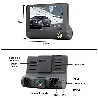 Camera auto tripla Full HD 3 camere fata/spate/interior ecran 4 inch G Senzor Camera auto tripla Full HD 3 camere fata/spate/interior ecran 4 inch G Senzor