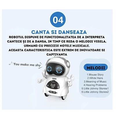 Robot de buzunar inteligent educational RC01 pentru copii si adulti in limba engleza control vocal moduri muzica dans si Imitare voce Robot de buzunar inteligent educational RC01 pentru copii si adulti in limba engleza control vocal moduri muzica dans si Imitare voce