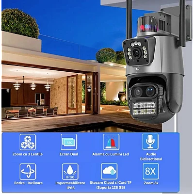 Camera de supraveghere dubla WIFI 8MP exterior/interior Ultra HD 5X zoom rotire alarma senzor miscare AX Camera de supraveghere dubla WIFI 8MP exterior/interior Ultra HD 5X zoom rotire alarma senzor miscare AX