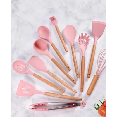 Set 12 ustensile de bucatarie Lemn/Silicon Roz