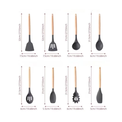 Set 12 ustensile de bucatarie Lemn/Silicon Roz
