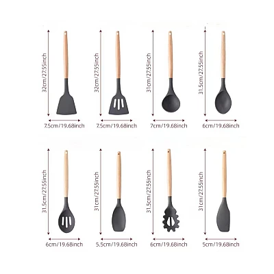 Set 12 ustensile de bucatarie Lemn/Silicon Roz