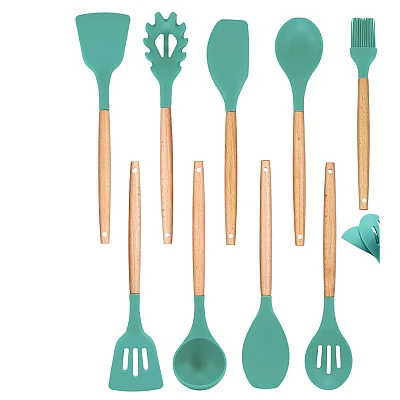 Set 12 ustensile de bucatarie Lemn/Silicon Verde Set 12 ustensile de bucatarie Lemn/Silicon Verde