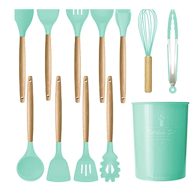 Set 12 ustensile de bucatarie Lemn/Silicon Verde Set 12 ustensile de bucatarie Lemn/Silicon Verde