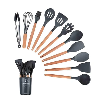 Set 12 ustensile de bucatarie Lemn/Silicon Negru Set 12 ustensile de bucatarie Lemn/Silicon Negru