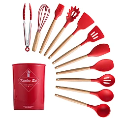 Set 12 ustensile de bucatarie Lemn/Silicon Rosu
