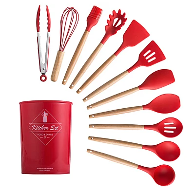 Set 12 ustensile de bucatarie Lemn/Silicon Rosu Set 12 ustensile de bucatarie Lemn/Silicon Rosu