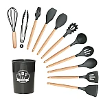 Set 12 ustensile de bucatarie Lemn/Silicon Gri Inchis