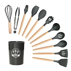 Set 12 ustensile de bucatarie Lemn/Silicon Gri Inchis