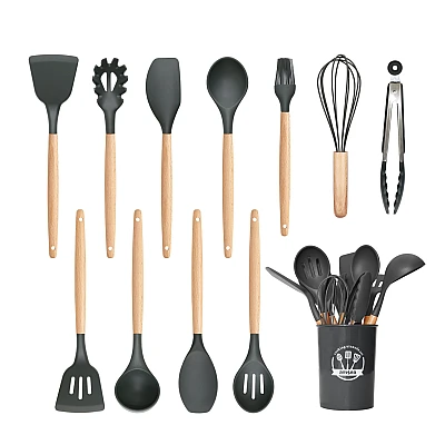 Set 12 ustensile de bucatarie Lemn/Silicon Gri Inchis Set 12 ustensile de bucatarie Lemn/Silicon Gri Inchis