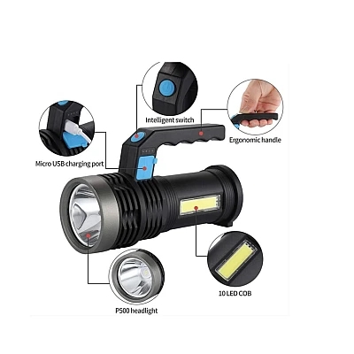 Lanterna de mana cu LED Q LED556 cu 1000 lumeni acumulator integrat lumina laterala COB negru Lanterna de mana cu LED Q LED556 cu 1000 lumeni acumulator integrat lumina laterala COB negru