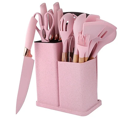 Set de 19 piese ustensile de bucatarie cu tocator si suport depozitare inclus ROZ Set de 19 piese ustensile de bucatarie cu tocator si suport depozitare inclus ROZ