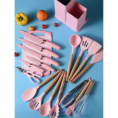 Set de 19 piese ustensile de bucatarie cu tocator si suport depozitare inclus ROZ Set de 19 piese ustensile de bucatarie cu tocator si suport depozitare inclus ROZ