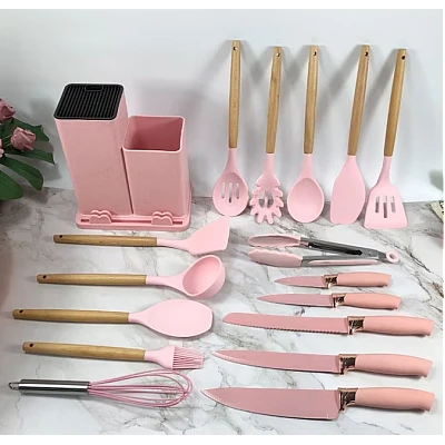 Set de 19 piese ustensile de bucatarie cu tocator si suport depozitare inclus ROZ Set de 19 piese ustensile de bucatarie cu tocator si suport depozitare inclus ROZ
