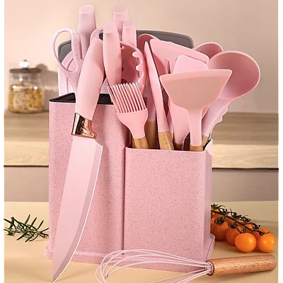 Set de 19 piese ustensile de bucatarie cu tocator si suport depozitare inclus ROZ Set de 19 piese ustensile de bucatarie cu tocator si suport depozitare inclus ROZ