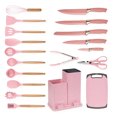 Set de 19 piese ustensile de bucatarie cu tocator si suport depozitare inclus ROZ Set de 19 piese ustensile de bucatarie cu tocator si suport depozitare inclus ROZ