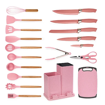 Set de 19 piese ustensile de bucatarie cu tocator si suport depozitare inclus ROZ Set de 19 piese ustensile de bucatarie cu tocator si suport depozitare inclus ROZ