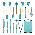 Set de 19 piese ustensile de bucatarie cu tocator si suport depozitare inclus VERDE-TURCOAZ