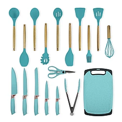 Set de 19 piese ustensile de bucatarie cu tocator si suport depozitare inclus VERDE-TURCOAZ