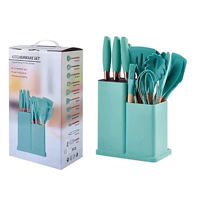Set de 19 piese ustensile de bucatarie cu tocator si suport depozitare inclus VERDE-TURCOAZ Set de 19 piese ustensile de bucatarie cu tocator si suport depozitare inclus VERDE-TURCOAZ