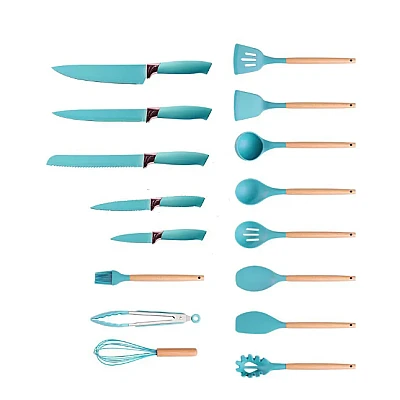 Set de 19 piese ustensile de bucatarie cu tocator si suport depozitare inclus VERDE-TURCOAZ Set de 19 piese ustensile de bucatarie cu tocator si suport depozitare inclus VERDE-TURCOAZ