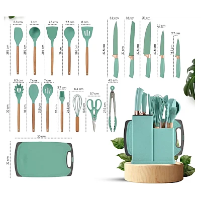 Set de 19 piese ustensile de bucatarie cu tocator si suport depozitare inclus VERDE-TURCOAZ Set de 19 piese ustensile de bucatarie cu tocator si suport depozitare inclus VERDE-TURCOAZ