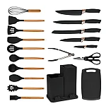 Set de 19 piese ustensile de bucatarie cu tocator si suport depozitare inclus NEGRE