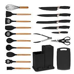 Set de 19 piese ustensile de bucatarie cu tocator si suport depozitare inclus NEGRE