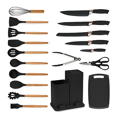 Set de 19 piese ustensile de bucatarie cu tocator si suport depozitare inclus NEGRE Set de 19 piese ustensile de bucatarie cu tocator si suport depozitare inclus NEGRE