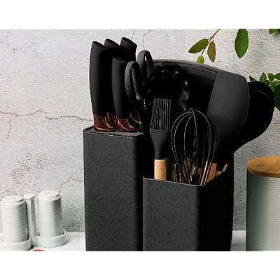 Set de 19 piese ustensile de bucatarie cu tocator si suport depozitare inclus NEGRE Set de 19 piese ustensile de bucatarie cu tocator si suport depozitare inclus NEGRE