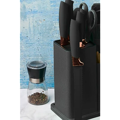 Set de 19 piese ustensile de bucatarie cu tocator si suport depozitare inclus NEGRE Set de 19 piese ustensile de bucatarie cu tocator si suport depozitare inclus NEGRE