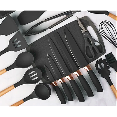 Set de 19 piese ustensile de bucatarie cu tocator si suport depozitare inclus NEGRE Set de 19 piese ustensile de bucatarie cu tocator si suport depozitare inclus NEGRE