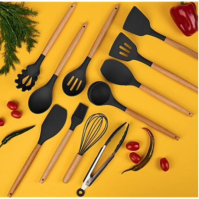 Set de 19 piese ustensile de bucatarie cu tocator si suport depozitare inclus NEGRE Set de 19 piese ustensile de bucatarie cu tocator si suport depozitare inclus NEGRE