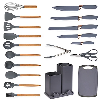 Set de 19 piese ustensile de bucatarie cu tocator si suport depozitare inclus GRI Set de 19 piese ustensile de bucatarie cu tocator si suport depozitare inclus GRI
