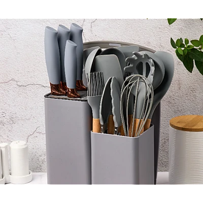 Set de 19 piese ustensile de bucatarie cu tocator si suport depozitare inclus GRI Set de 19 piese ustensile de bucatarie cu tocator si suport depozitare inclus GRI