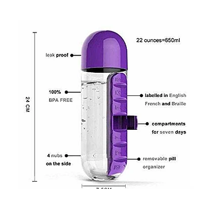 Sticla de apa cu organizator de pastile 600 ml Sticla de apa cu organizator de pastile 600 ml