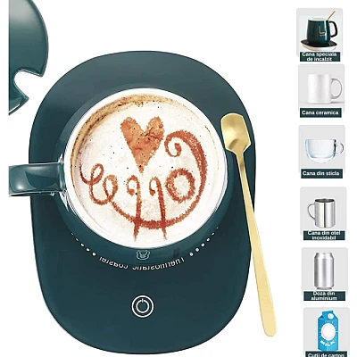 Set cadou cana ceramica baza incalzitor cu inductie incarcare USB suport cu incalzire smart VERDE Set cadou cana ceramica baza incalzitor cu inductie incarcare USB suport cu incalzire smart VERDE