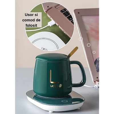 Set cadou cana ceramica baza incalzitor cu inductie incarcare USB suport cu incalzire smart VERDE Set cadou cana ceramica baza incalzitor cu inductie incarcare USB suport cu incalzire smart VERDE