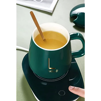 Set cadou cana ceramica baza incalzitor cu inductie incarcare USB suport cu incalzire smart VERDE Set cadou cana ceramica baza incalzitor cu inductie incarcare USB suport cu incalzire smart VERDE