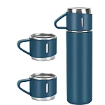 Set termos din inox cu 3 cesti 500ml sticla termoizolanta pentru bauturi fierbinti si reci ALBASTRU