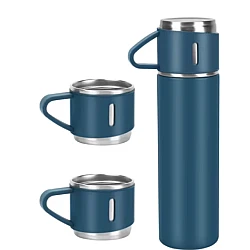 Set termos din inox cu 3 cesti 500ml sticla termoizolanta pentru bauturi fierbinti si reci ALBASTRU