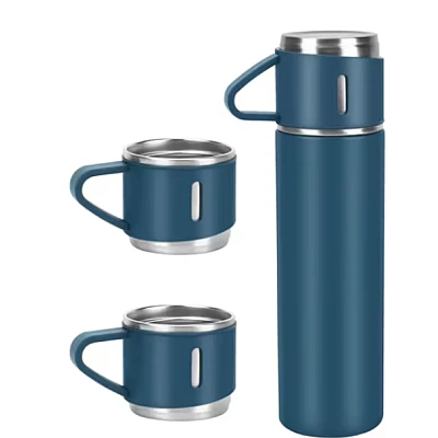 Set termos din inox cu 3 cesti 500ml sticla termoizolanta pentru bauturi fierbinti si reci ALBASTRU Set termos din inox cu 3 cesti 500ml sticla termoizolanta pentru bauturi fierbinti si reci ALBASTRU
