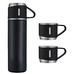 Set termos din inox cu 3 cesti 500ml sticla termoizolanta pentru bauturi fierbinti si reci NEGRU