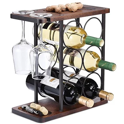 Suport pentru 6 sticle vin si 2 pahare din otel si lemn Suport pentru 6 sticle vin si 2 pahare din otel si lemn